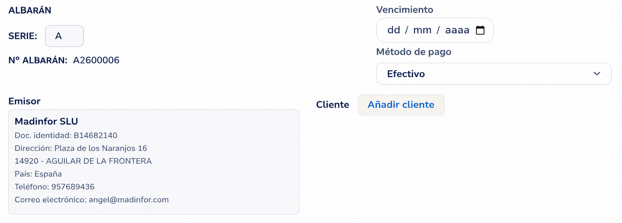 Cabecera del albarán: serie, número, vencimiento, emisor y cliente