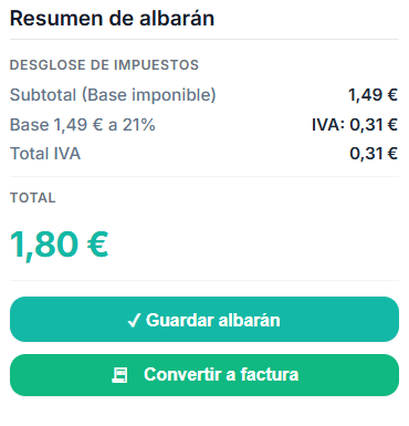 Panel lateral con resumen de impuestos y botones para guardar o convertir a factura