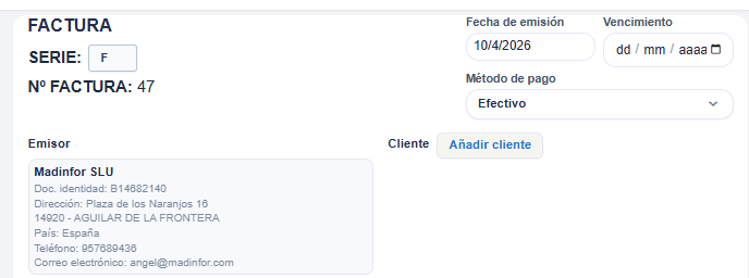Cabecera de la factura: serie, número, fechas y método de pago