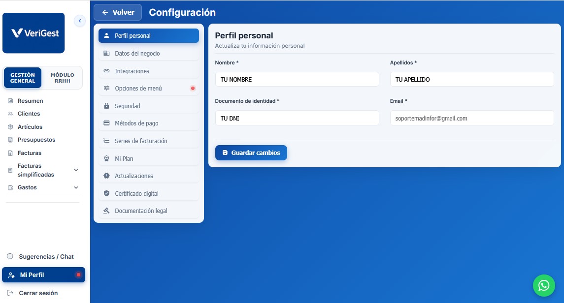 Pantalla de Perfil personal en VeriGest: nombre, apellidos, DNI y email
