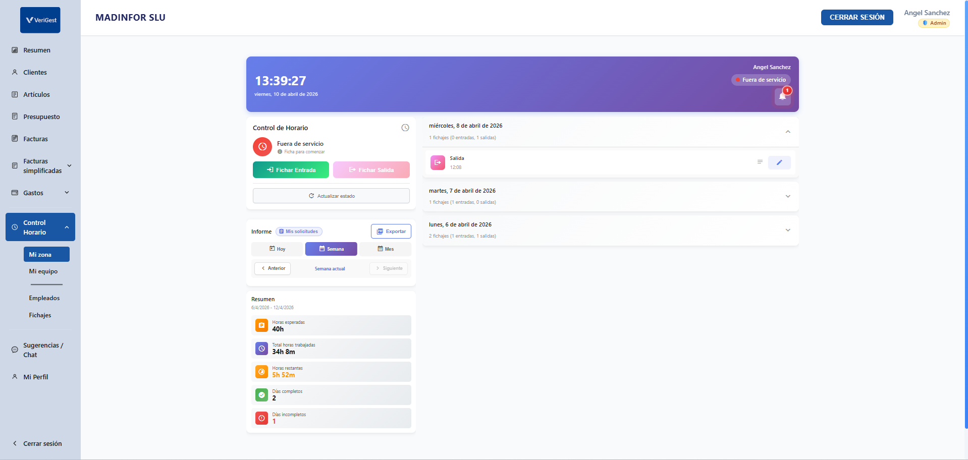 Panel de control horario de VeriGest mostrando el fichaje de entrada y salida