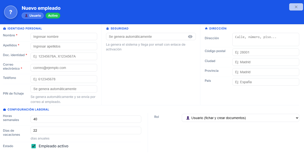 Formulario de edición de empleado con rol y datos