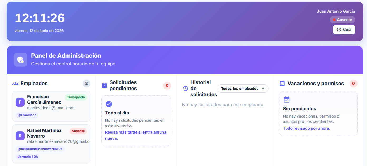 Panel de administración con empleados, solicitudes pendientes, historial y vacaciones del equipo