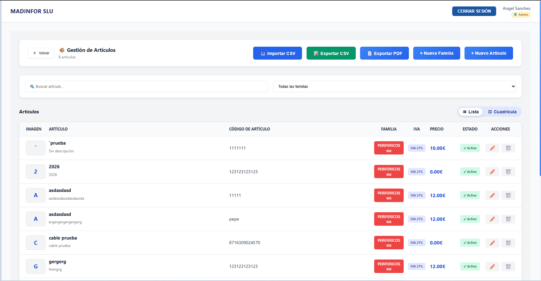Listado de artículos y familias con filtros y acciones