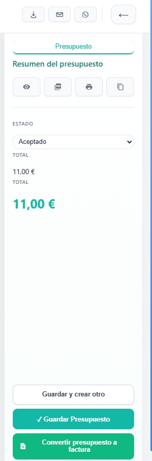 Panel lateral con opciones, estado y acciones del presupuesto