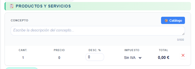 Tabla de productos y servicios del presupuesto