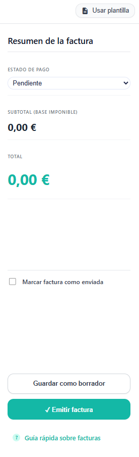 Panel lateral con resumen, estado de pago y botones de acción